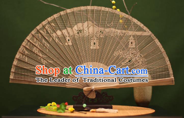 Traditional Chinese Crafts Sandalwood Folding Fan, Chinese Hollow Out West Lake Bamboo Fans for Women