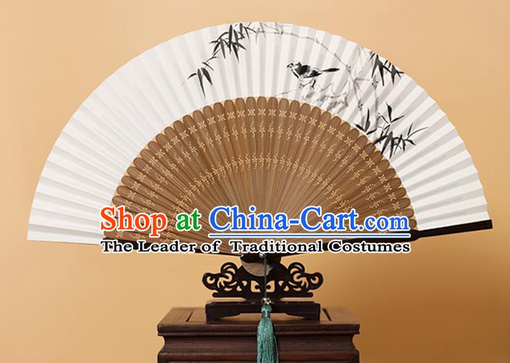 Traditional Chinese Crafts Hand Painting Bamboo Bird Folding Fan, China Handmade Xuan Paper Fans for Men