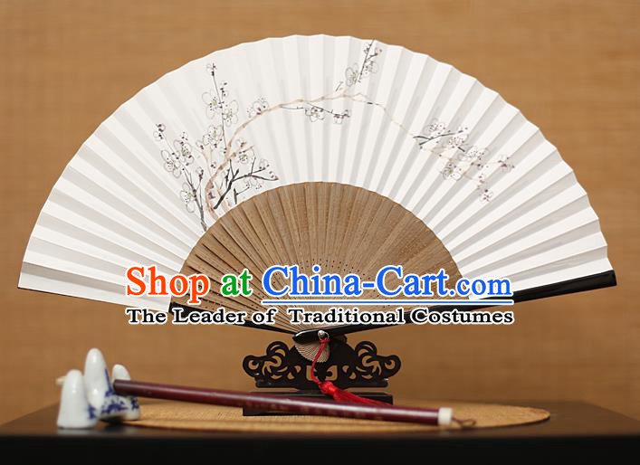 Traditional Chinese Crafts Hand Painting Plum Blossom Folding Fan, China Handmade Xuan Paper Fans for Men