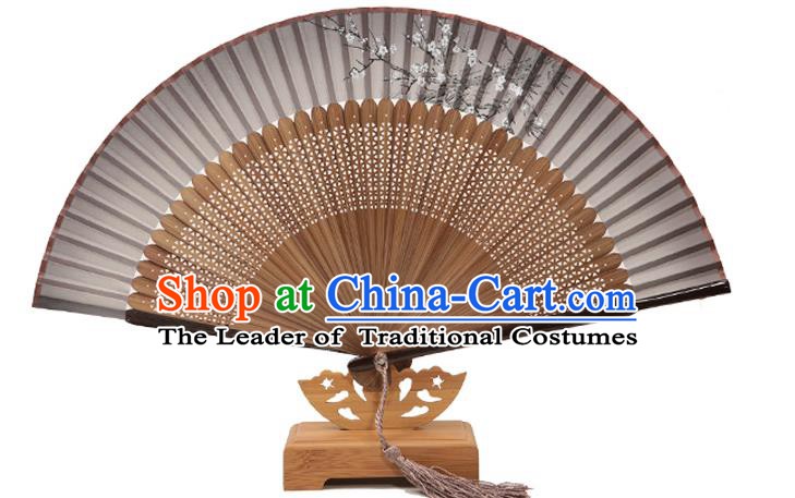 Traditional Chinese Crafts Folding Fan, China Printing Plum Blossom Black Silk Fans for Women