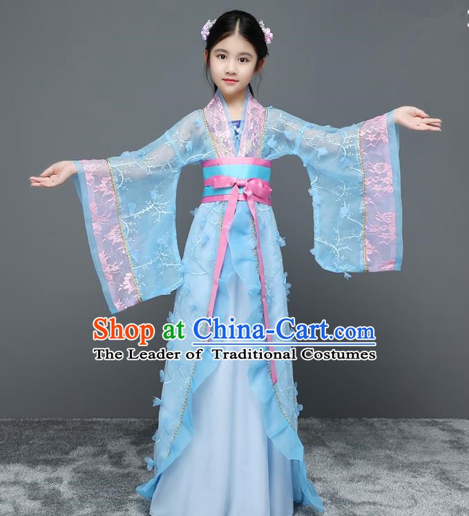Traditional Chinese Tang Dynasty Embroidered Costume, China Ancient Imperial Concubine Hanfu Trailing Dress for Kids
