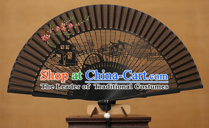 Traditional Chinese Crafts Hand Painting Wintersweet Folding Fan, China Handmade Black Silk Fans for Women