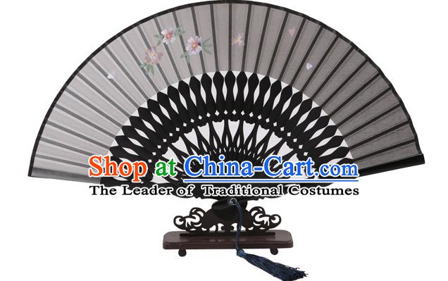 Traditional Chinese Crafts Hand Painting Flowers Folding Fan, China Handmade Black Silk Bamboo Fans for Women