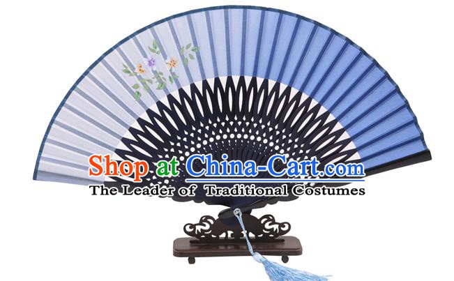 Traditional Chinese Crafts Hand Painting Flowers Folding Fan, China Handmade Blue Silk Bamboo Fans for Women
