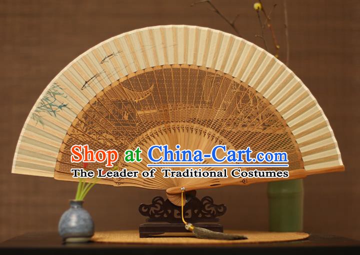 Traditional Chinese Crafts Hand Painting Willow Branch Silk Folding Fan, China Handmade Hollow Out Bamboo Fans for Women