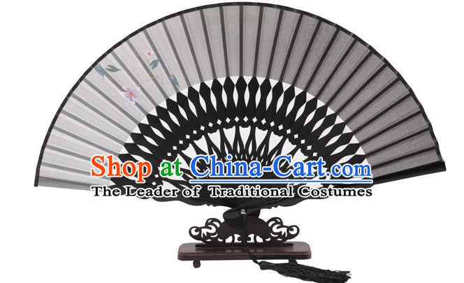 Traditional Chinese Crafts Hand Painting Flowers Folding Fan, China Handmade Grey Silk Bamboo Fans for Women