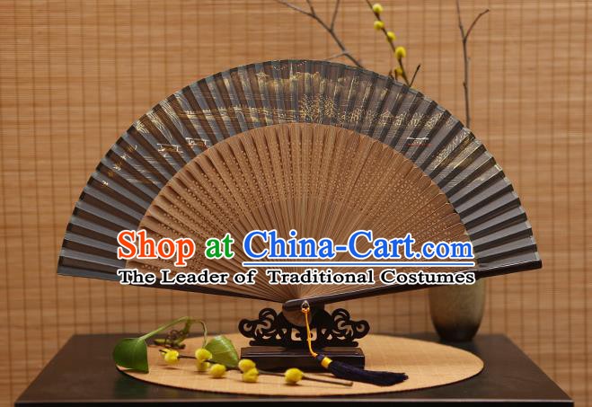 Traditional Chinese Crafts Hand Painting Leifeng Pagoda Grey Silk Folding Fan, China Handmade Bamboo Fans for Women