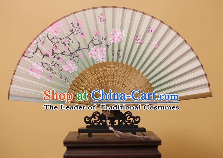 Traditional Chinese Crafts Printing Peach Blossom Green Folding Fan, China Handmade Bamboo Fans for Women