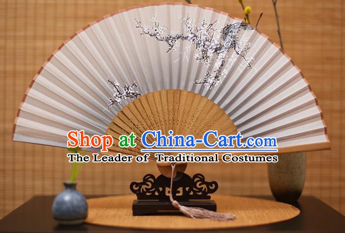Traditional Chinese Crafts Printing Wintersweet Grey Folding Fan, China Handmade Bamboo Fans for Women
