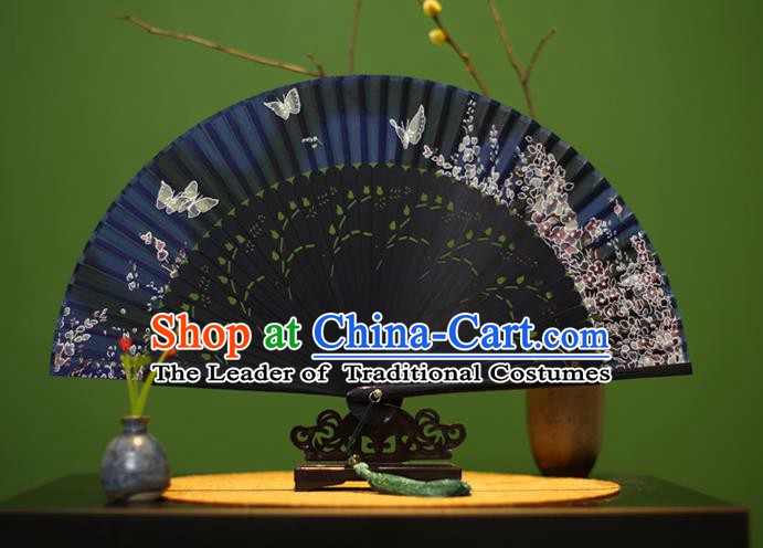 Traditional Chinese Crafts Printing Classical Folding Fan, China Handmade Navy Silk Fans for Women