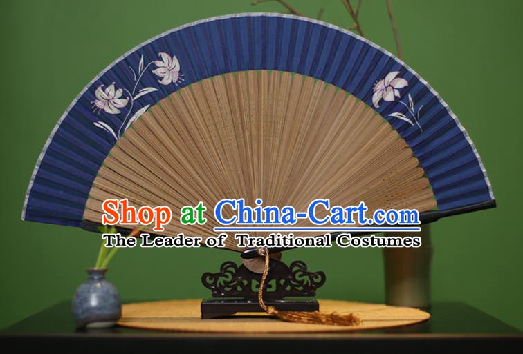 Traditional Chinese Crafts Printing Flowers Classical Folding Fan, China Handmade Blue Silk Fans for Women
