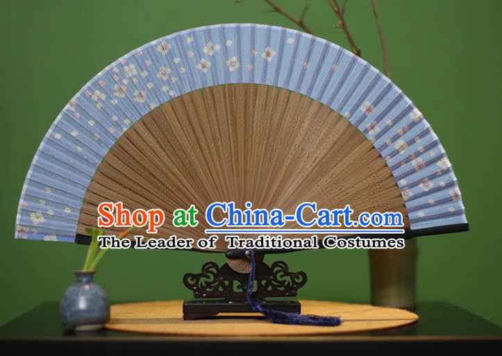 Traditional Chinese Crafts Printing Flowers Classical Folding Fan, China Handmade Light Blue Silk Fans for Women