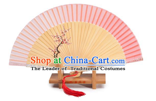 Traditional Chinese Crafts Pink Silk Folding Fan, China Handmade Printing Plum Blossom Bamboo Fans for Women