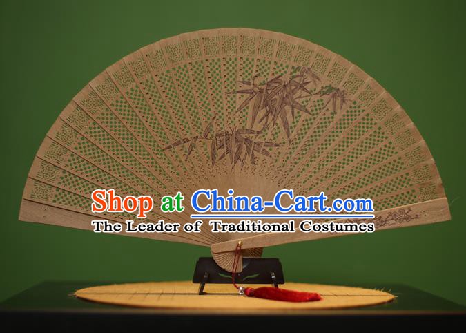 Traditional Chinese Crafts Sandalwood Folding Fan, China Handmade Carving Bamboo Leaf Incienso Fans for Women
