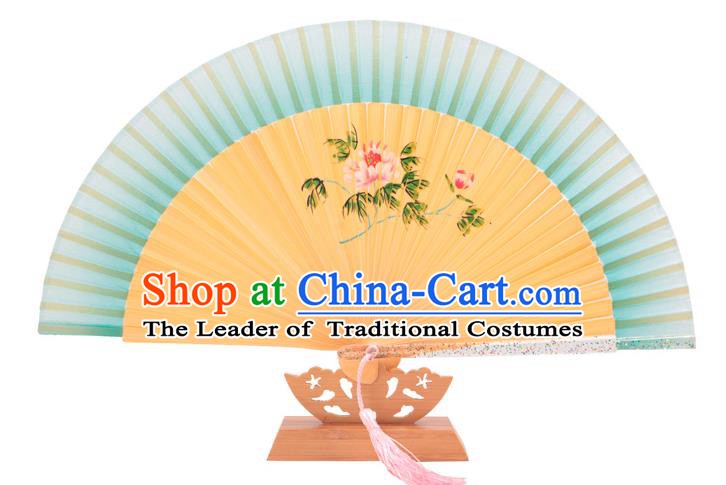 Traditional Chinese Crafts Green Silk Folding Fan, China Handmade Printing Peony Bamboo Fans for Women