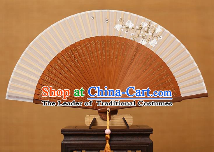 Traditional Chinese Crafts Printing Flowers Classical Folding Fan, China Handmade Brown Bamboo Silk Fans for Women