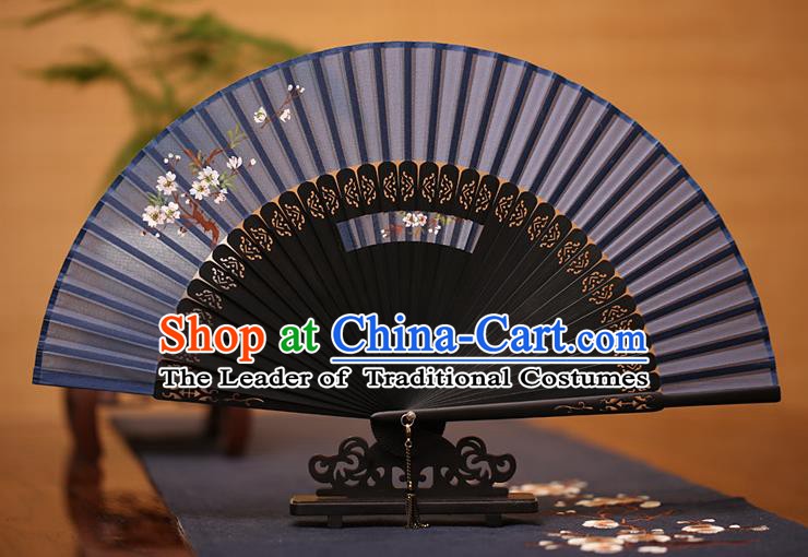 Traditional Chinese Crafts Printing Plum Blossom Folding Fan, China Handmade Classical Navy Silk Fans for Women