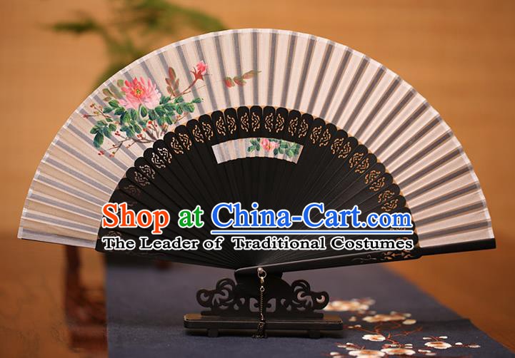 Traditional Chinese Crafts Printing Peony Folding Fan, China Handmade Classical Grey Silk Fans for Women