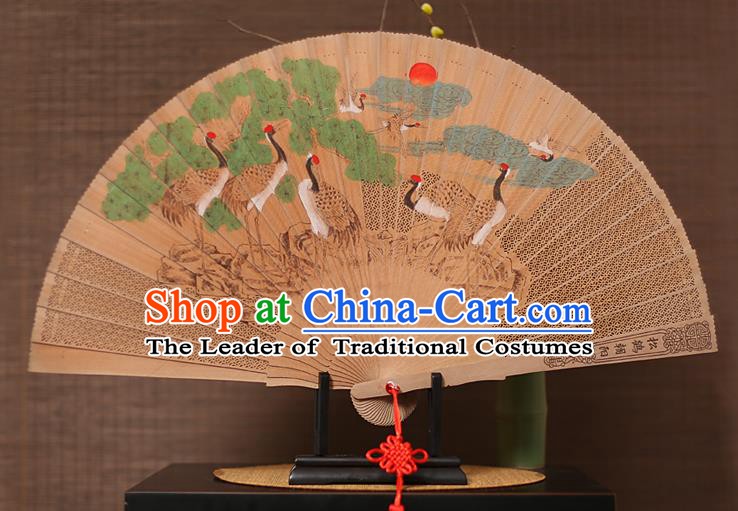 Traditional Chinese Crafts Hand Painting Crane Folding Fan, China Handmade Classical Carving Sandalwood Fans for Men