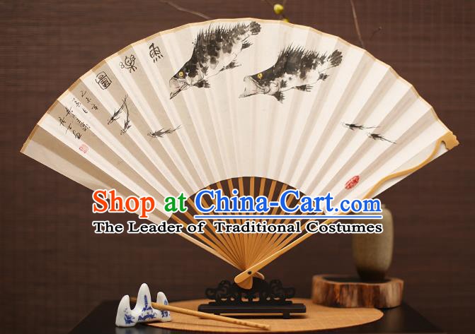 Traditional Chinese Crafts Collectables Autograph Folding Fan, China Handmade Classical Ink Painting Fishes Xuan Paper Fans for Men