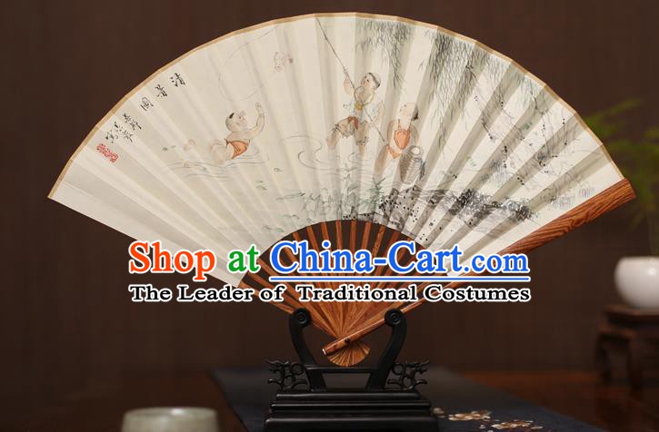 Traditional Chinese Crafts Ink Painting Paper Folding Fan, China Handmade Pear Wood Fans for Men
