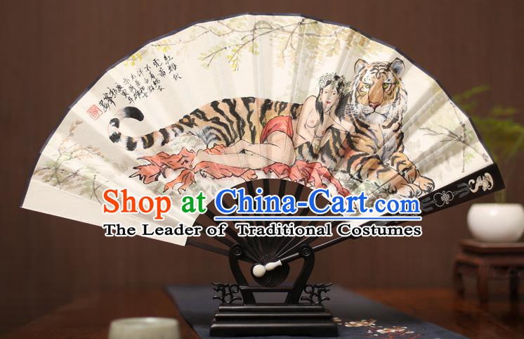 Traditional Chinese Crafts Ink Painting Tiger Paper Folding Fan, China Handmade Ebony Fans for Men