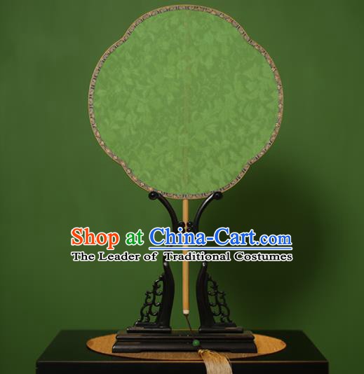 Traditional Chinese Crafts Green Jacquard Weave Lace Palace Fan, China Handmade Princess Palm-Leaf Fans for Women