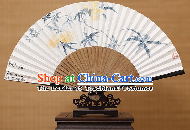 Traditional Chinese Crafts Classical Paper Folding Fan, China Handmade Painting Hollyhock Fans for Women