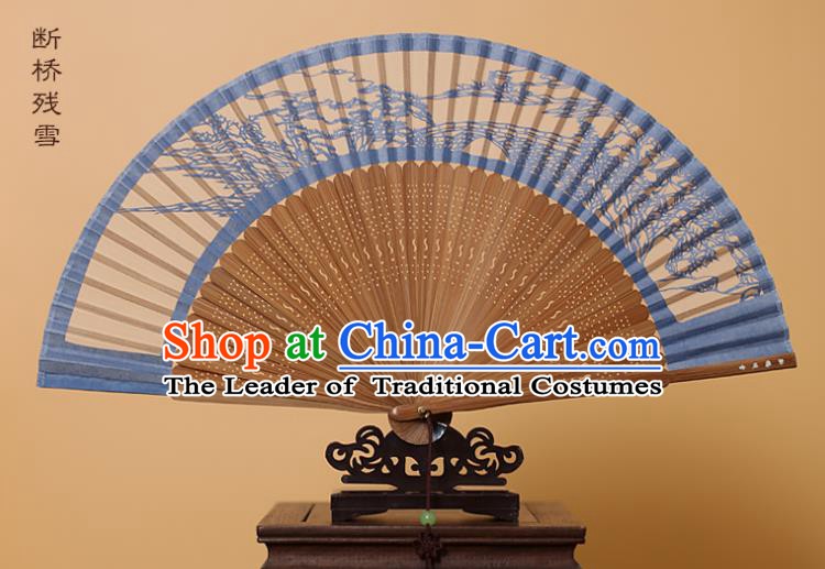 Traditional Chinese Crafts West Lake Scenery Folding Fan, China Handmade Scissor-Cut Blue Silk Fans for Women