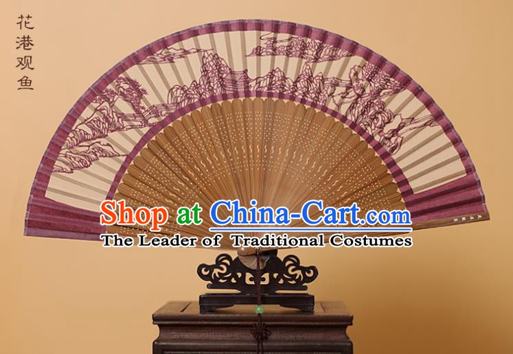 Traditional Chinese Crafts West Lake Scenery Folding Fan, China Handmade Scissor-Cut Amaranth Silk Fans for Women