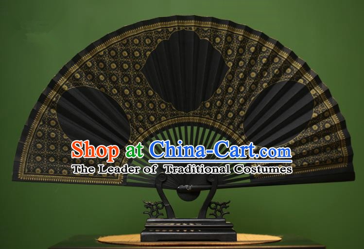 Traditional Chinese Crafts Black Paper Folding Fan, China Handmade Gold Stamping Fans for Men