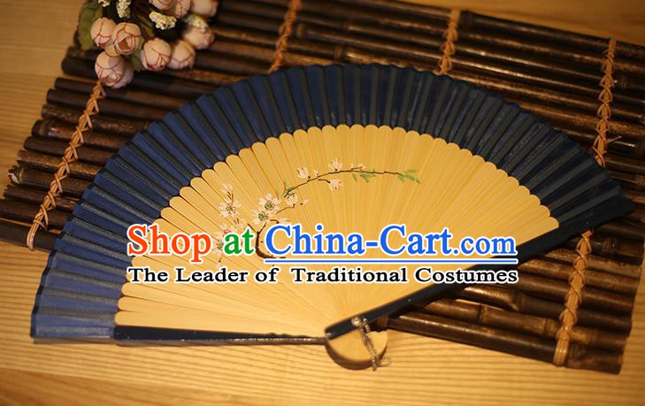 Traditional Chinese Crafts Printing Peach Blossom Classical Folding Fan, China Handmade Navy Silk Fans for Women