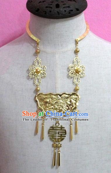 Traditional Chinese Handmade Jewelry Accessories Ancient Bride Golden Tassel Necklace Longevity Lock for Women