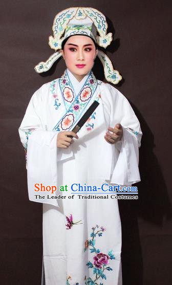 Traditional China Beijing Opera Niche Costume White Embroidered Robe, Chinese Peking Opera Gifted Scholar Clothing