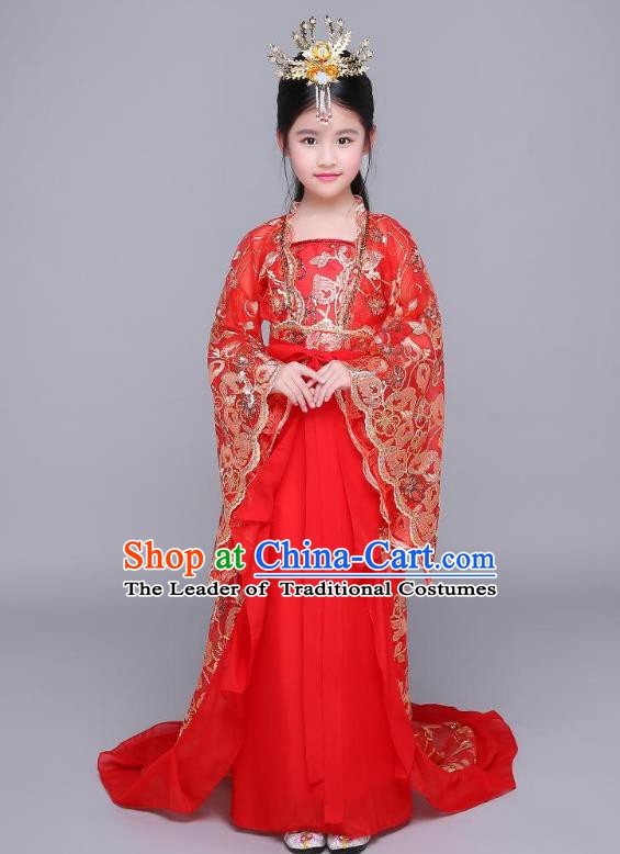 Traditional Chinese Ancient Children Fairy Hanfu Clothing, China Tang Dynasty Palace Princess Costume Trailing Dress for Kids