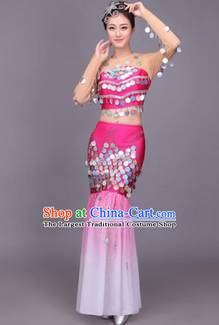 Chinese Traditional Dai Nationality Peacock Dance Costume Pavane Sequins Rosy Dress for Women