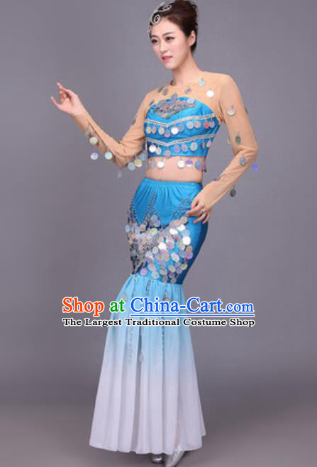 Chinese Traditional Dai Nationality Peacock Dance Costume Pavane Sequins Blue Dress for Women