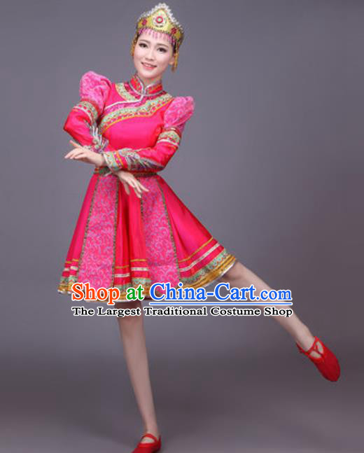 Chinese Traditional Mongol Nationality Dance Costume Mongolian Folk Dance Rosy Dress for Women