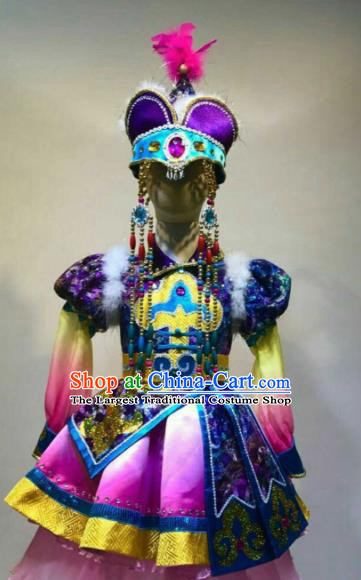 Chinese Traditional Mongol Nationality Dance Costume Mongolian Folk Dance Purple Dress for Women