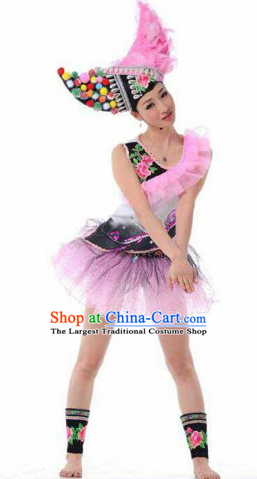 Chinese Traditional Yi Nationality Rosy Costume Folk Dance Ethnic Clothing for Women