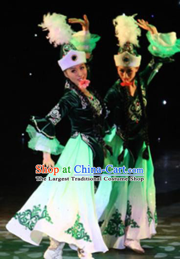 Chinese Traditional Kazak Nationality Costume Uigurian Folk Dance Ethnic Green Dress for Women