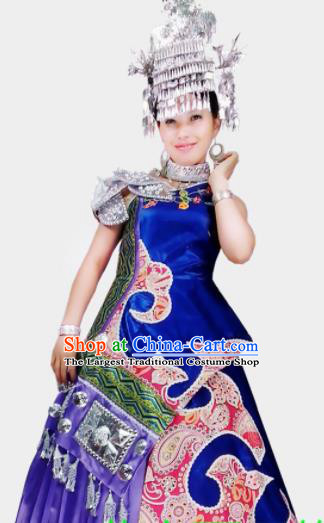 Chinese Traditional Yi Nationality Wedding Costume Folk Dance Ethnic Blue Dress for Women