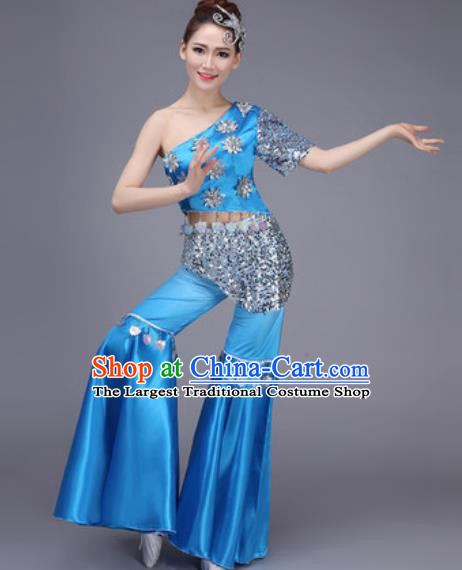 Chinese Classical Dance Costume Traditional Folk Dance Yangko Blue Clothing for Women