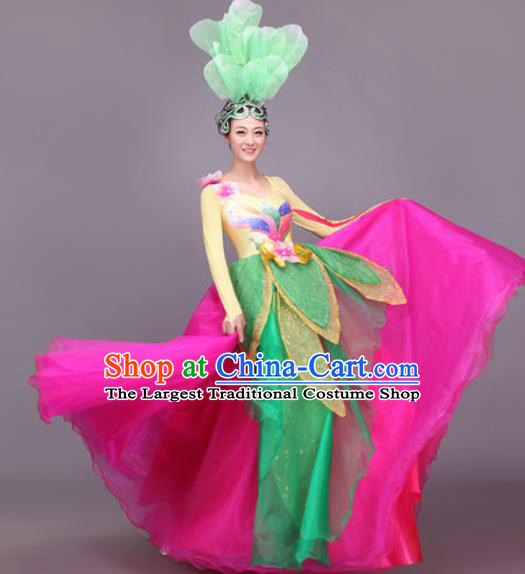 Chinese Traditional Classical Dance Costume Folk Dance Lotus Dance Rosy Dress for Women