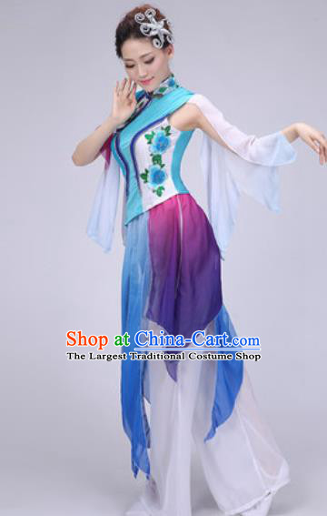 Chinese Classical Dance Fan Dance Blue Costume Traditional Folk Dance Yangko Dress for Women