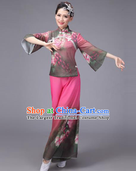 Chinese Classical Dance Costume Traditional Folk Dance Yanko Printing Pink Clothing for Women