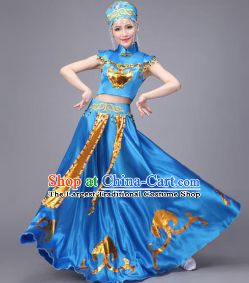 Chinese Traditional Mongol Nationality Dance Costume Mongolian Folk Dance Ethnic Blue Dress for Women
