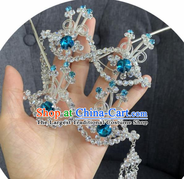 Chinese Traditional Beijing Opera Hair Accessories Ancient Blue Crystal Hairpins for Women