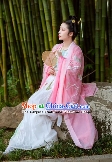 Chinese Jin Dynasty Maidenform Embroidered Pink Wide Sleeve Cardigan Ancient Princess Costumes for Women