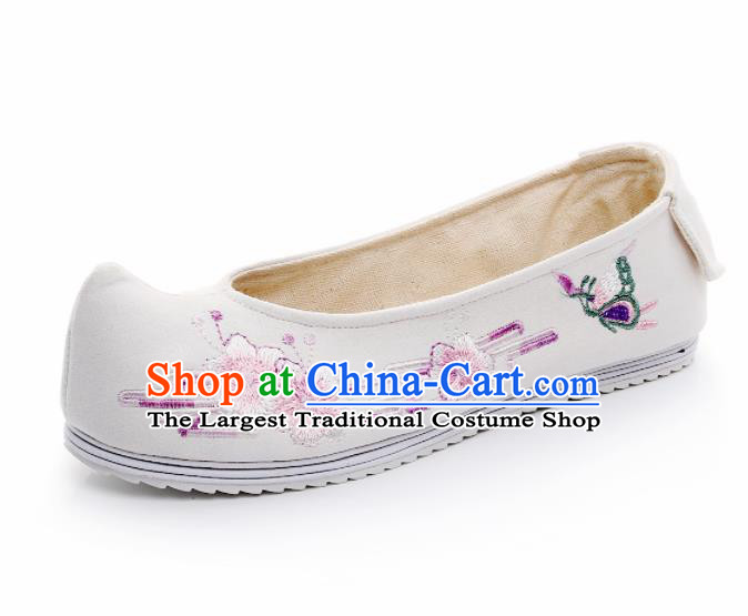Chinese Ancient Traditional Embroidered Shoes Hanfu Embroidery Peach Blossom White Cloth Shoes for Women